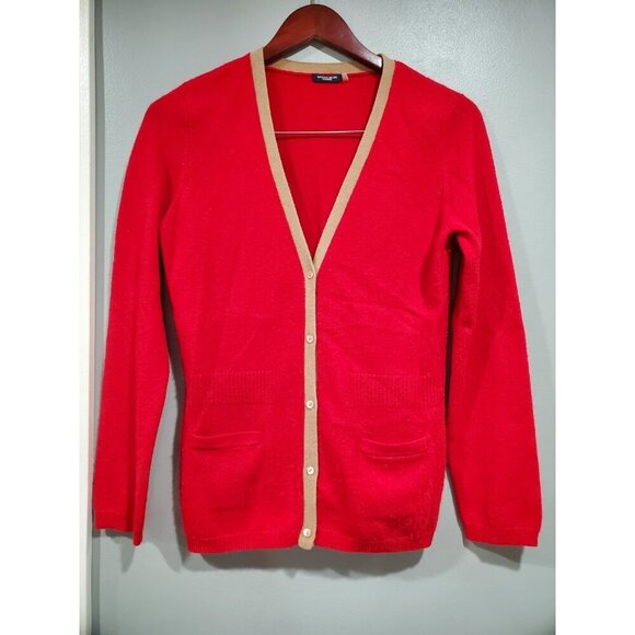 Magaschoni Women’s Cashmere Red Button Down Cardigan Sweater Tan Trim Sz M - Picture 2 of 15